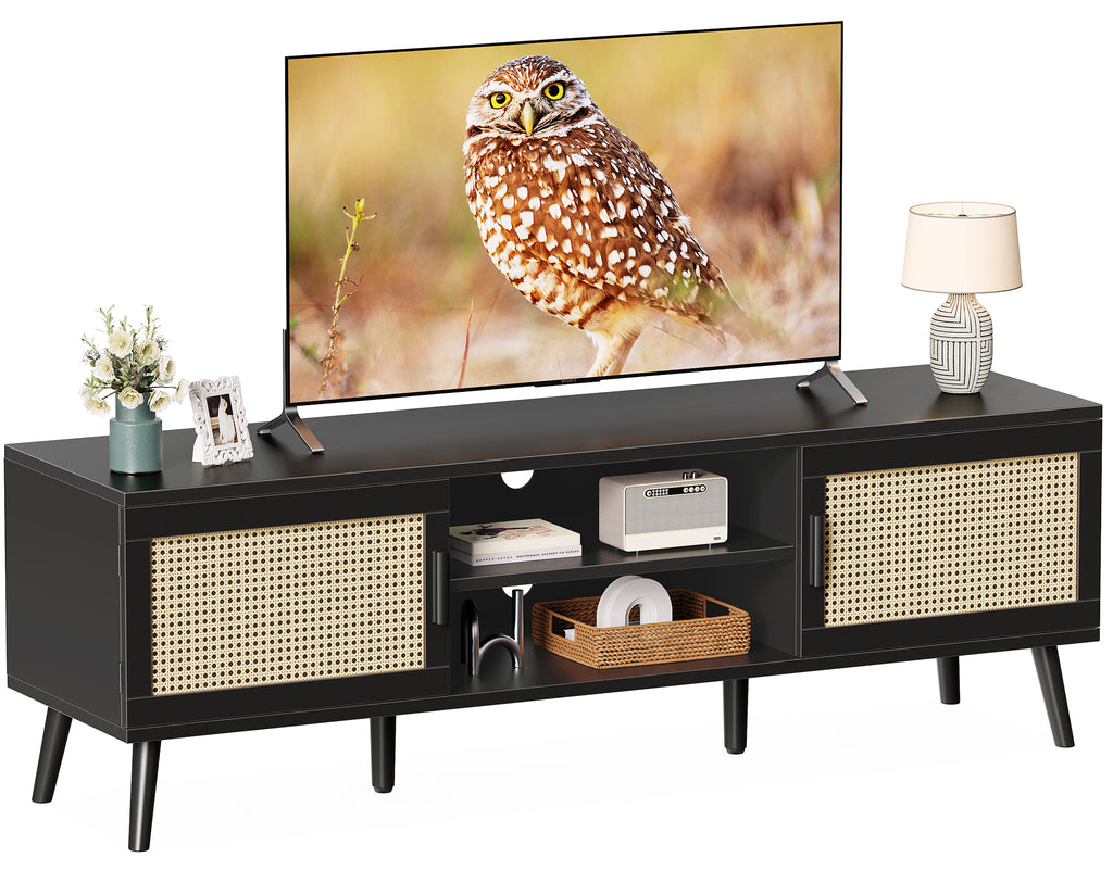 Amadwell Rattan TV Stand for 60" TVs, Adjustable Shelf, Natural Living Room Entertainment Center, Black