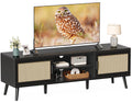 Amadwell Rattan TV Stand for 60" TVs, Adjustable Shelf, Natural Living Room Entertainment Center, Black