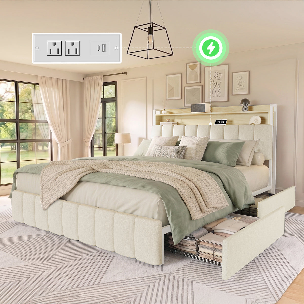 Amadwell Queen Size Bed Frame with Charging Station, Mueenetal Platform Bedframe with 2-Tier Storage Headboard, 4 Storage Drawers, Noise-Free/Metal Support/No Box Spring Needed, Beige