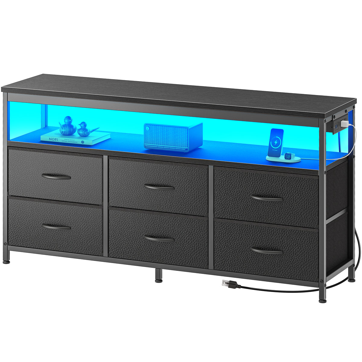 Amadwell 47 Inch LED TV Stand Dresser for 55 Inch TVs, 6 Drawer Entertainment Center with Power Outlets, Media Console with Storage, Black