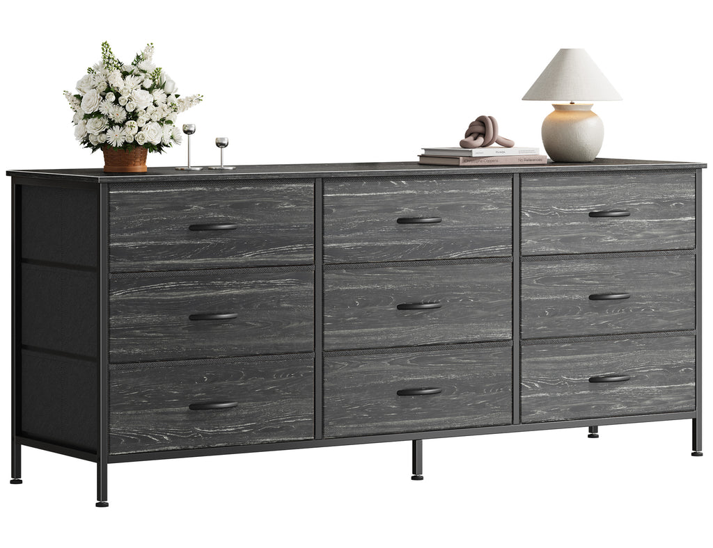 9 Drawer Bedroom Dresser with Storage, 55 Inch TV Stand for 55, 60 Inch TV, Fabric Chest for Closet, Charcoal Black Wood Grain Print
