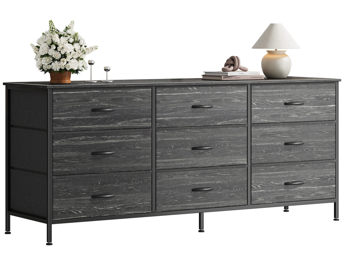 9 Drawer Bedroom Dresser with Storage, 55 Inch TV Stand for 55, 60 Inch TV, Fabric Chest for Closet, Charcoal Black Wood Grain Print