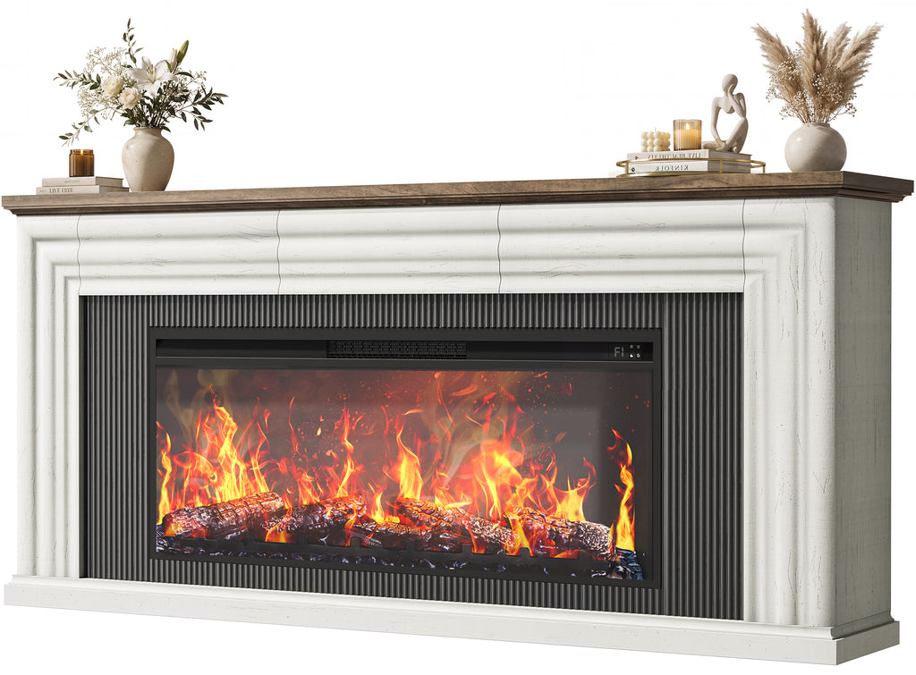 Amadwell 70'' Fireplace TV Stand for 65 75'' TV, Farmhouse TV Stand with 42'' Electric Fireplace, Entertainment Center TV Console for Living Room, 3 Storage Drawers & Fluted Design, Distressed White
