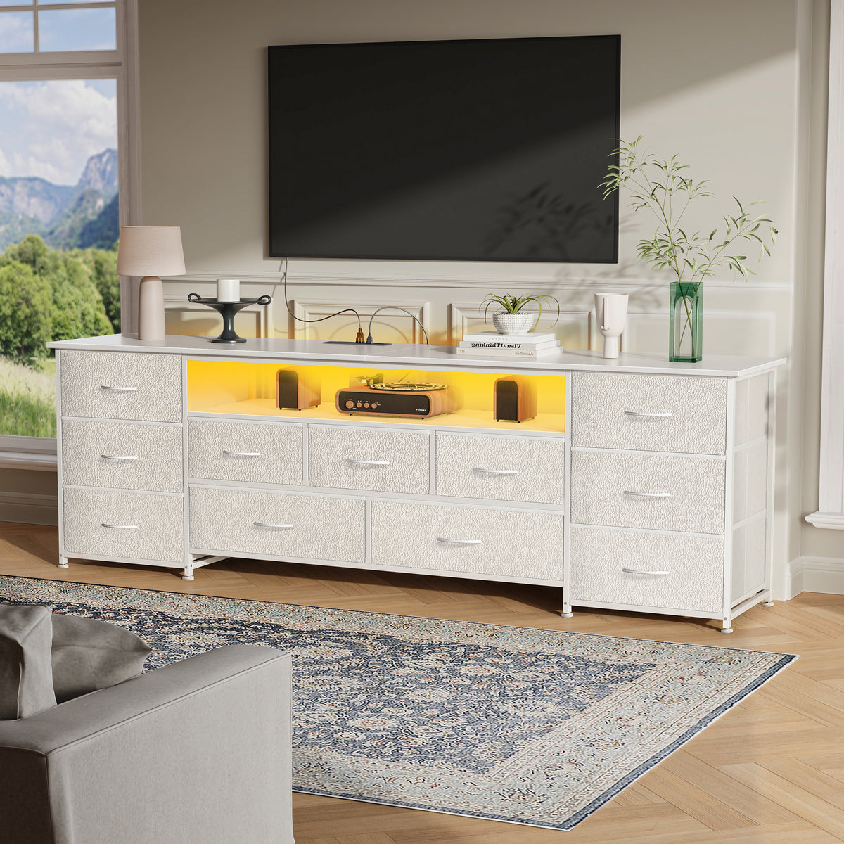 Amadwell Large TV Stand for 65, 70 Inch TVs, 11 Drawers with Power Outlets & LED Lights, 63 inch Entertainment Center, White