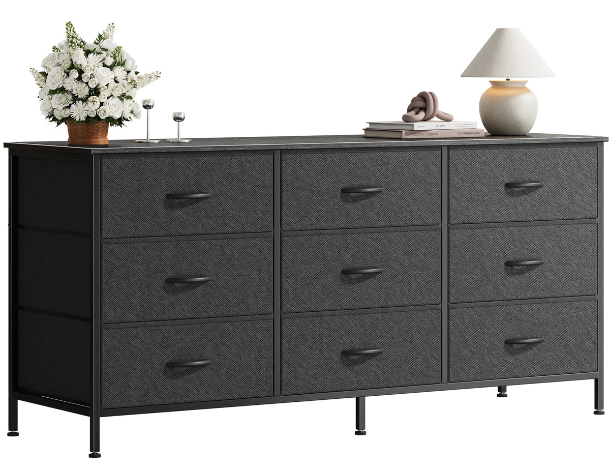 9 Drawer Bedroom Dresser with Storage, 47 Inch TV Stand for 50, 55 Inch TV, Fabric Chest for Closet, Black