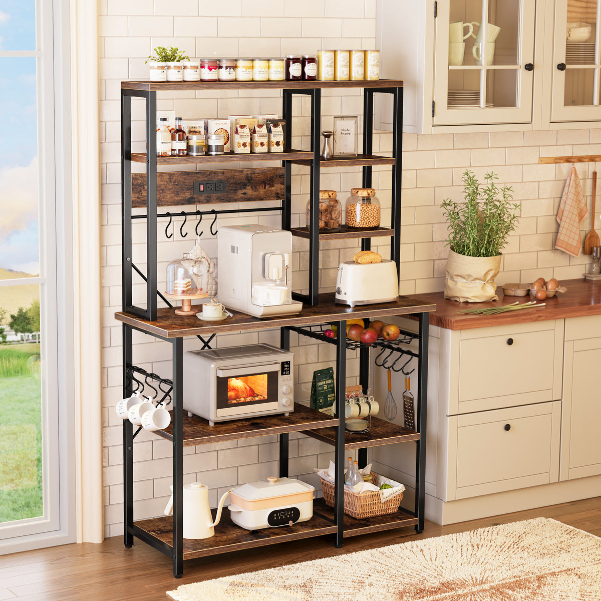 Amadwell 39.4" Large Bakers Rack, 6-Tier Microwave Stand with Power Outlets, Kitchen Shelf with Wire Basket, Brown