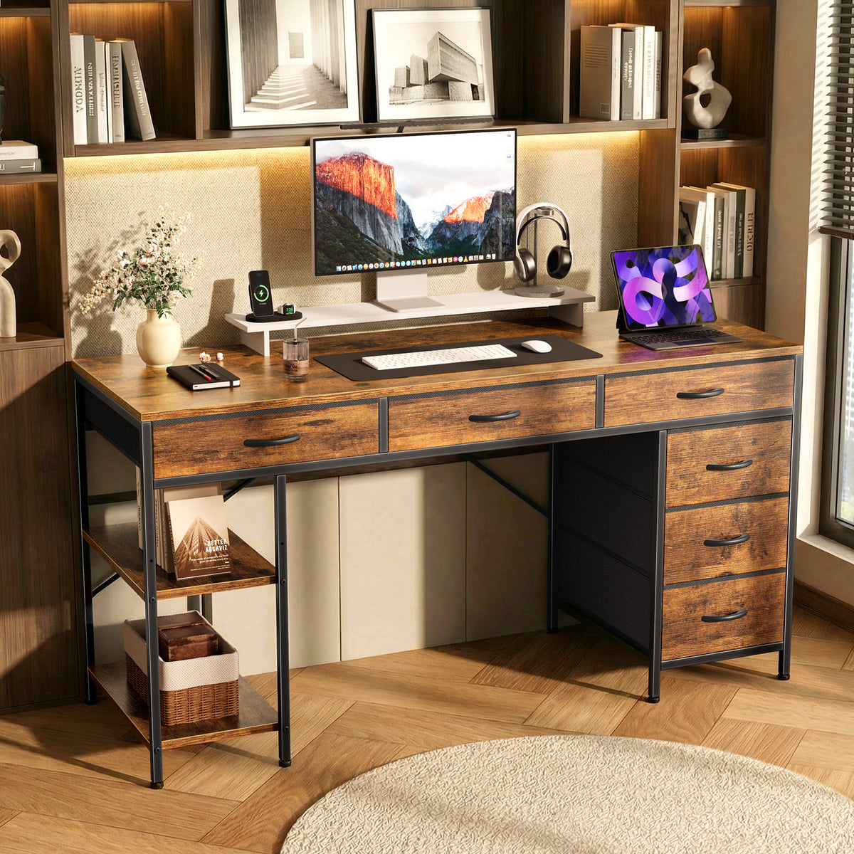 Amadwell 47" Desk with Drawers & Storage, Office Desk with Reversible Shelves, Gaming Computer Desk, Brown