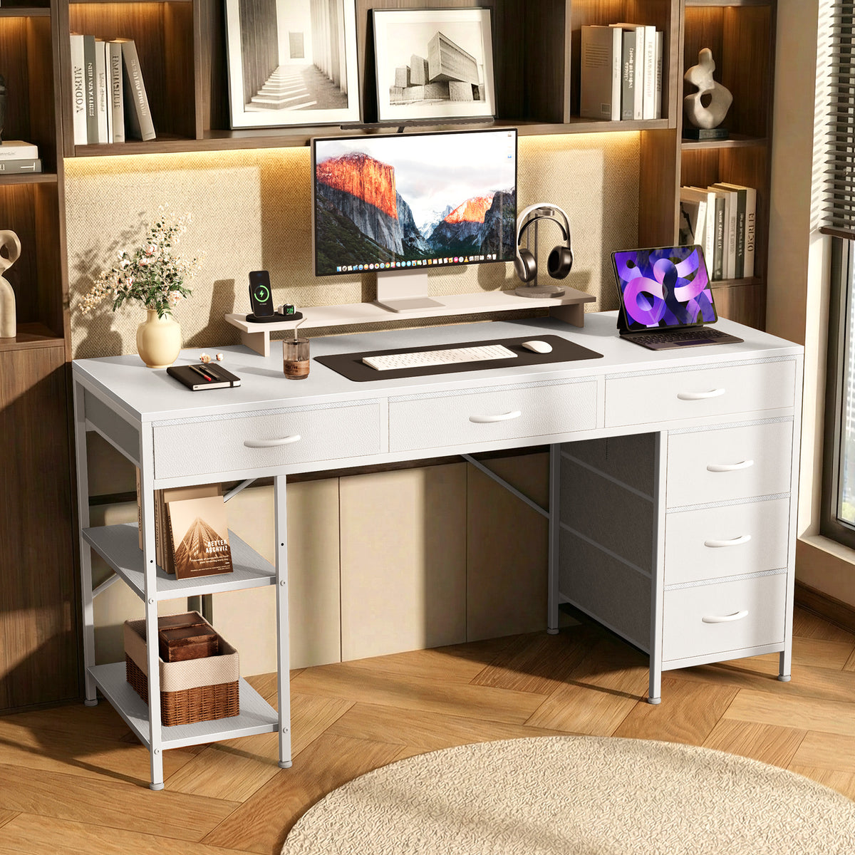 Amadwell 47" Desk with Drawers & Storage, Office Desk with Reversible Shelves, Gaming Computer Desk, White