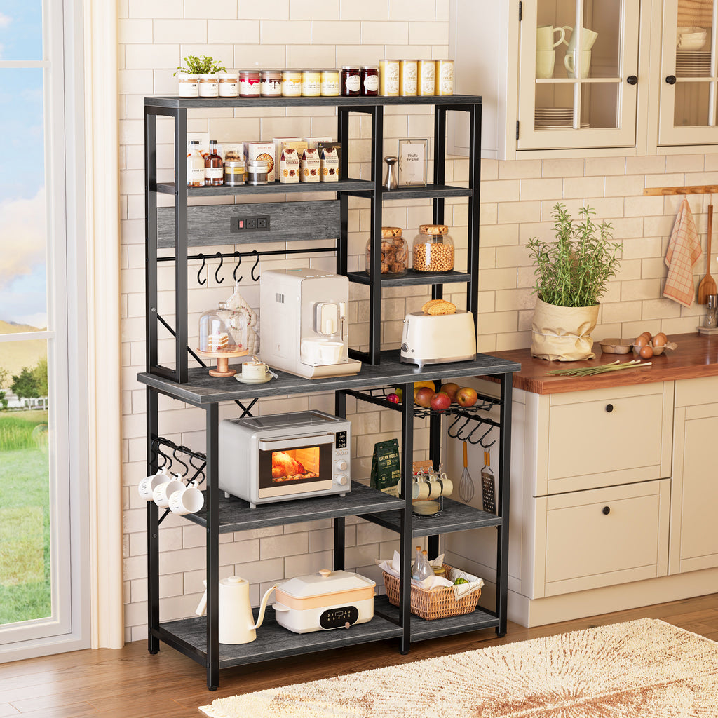 Amadwell 39.4" Large Bakers Rack, 6-Tier Microwave Stand with Power Outlets, Kitchen Shelf with Wire Basket, Gray