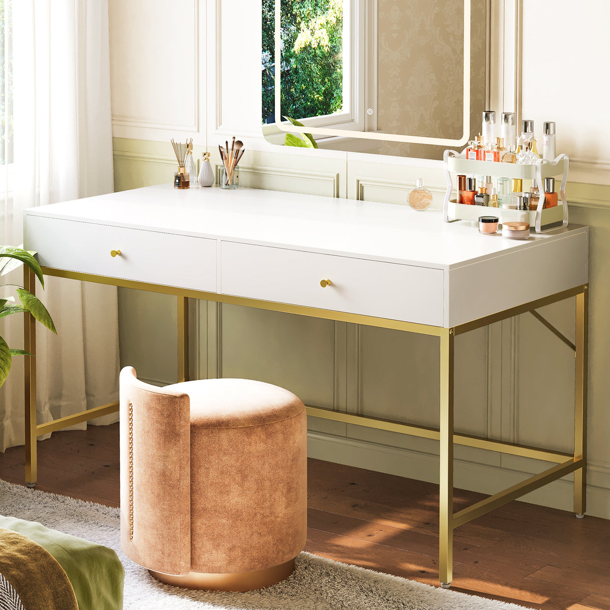 Amadwell Vanity Desk with Drawers, 47 inch Computer Desk, Vanity Dressing Table with Storage, for Bedroom, Gold