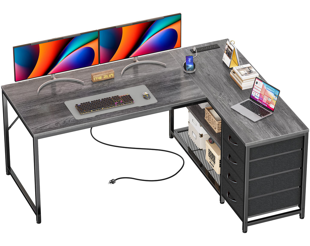 Amadwell 53 Inch L Shaped Desk with Power Outlets & Drawers, Reversible L-Shape Computer Desk, Gray