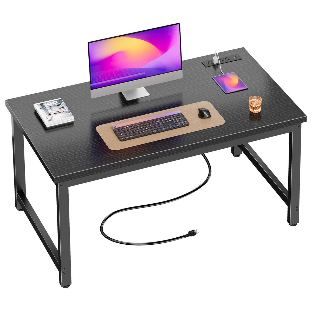 Amadwell 47 Inch Desk with Power Outlets, USB-C, 0.95 Inch Thicker Sturdy Computer Desk, Office Desk with Robust Metal Tubes, Work Gaming Desk for Home Office, Black