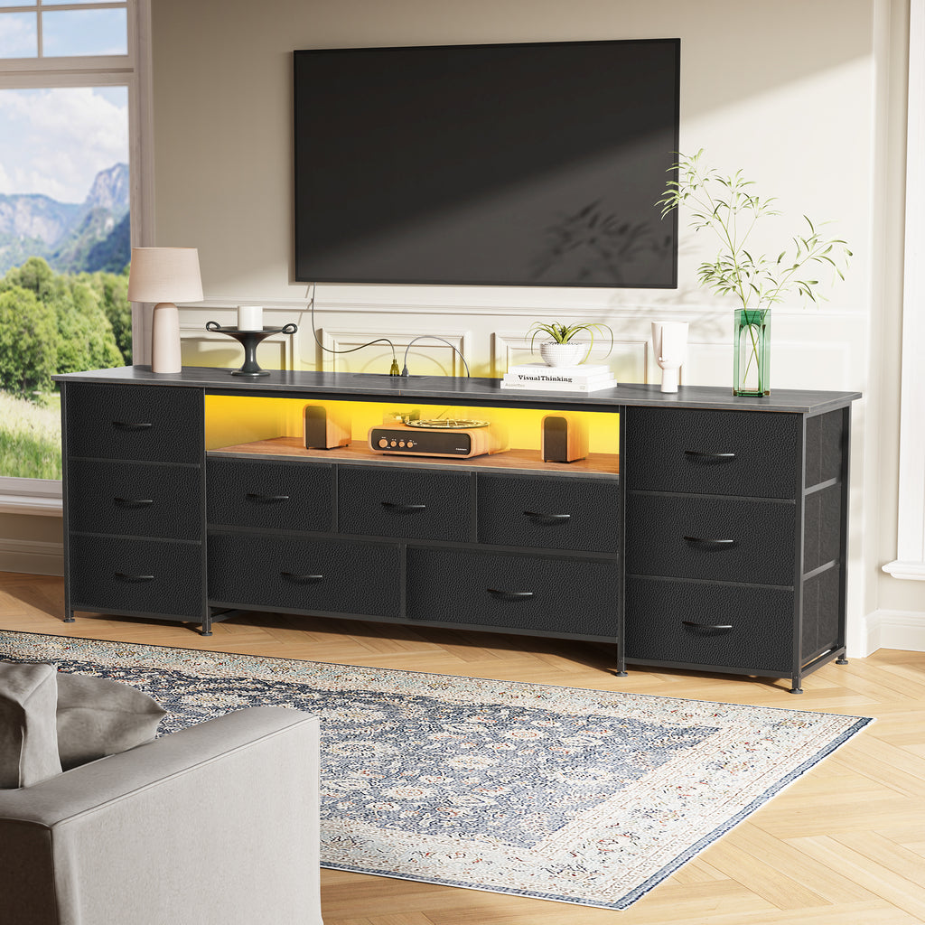 Amadwell Large TV Stand for 65, 70 Inch TVs, 11 Drawers with Power Outlets & LED Lights, 63 inch Entertainment Center, Gray