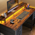 Amadwell 47" Gaming Computer Desk with LED Lights, Power Outlets, Home Office Writing Desk with 4 Drawers, Rustic Brown