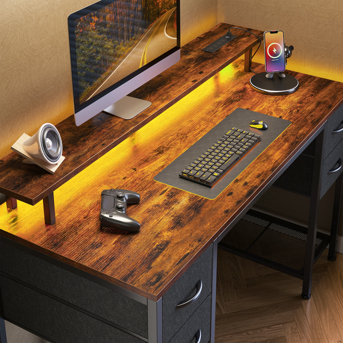 Amadwell 47" Gaming Computer Desk with LED Lights, Power Outlets, Home Office Writing Desk with 4 Drawers, Rustic Brown