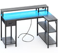 Amadwell 47 Inch L Shaped Desk with LED Strip, Corner Gaming Desk with Power Outlet, Drawer & Shelves, Gray