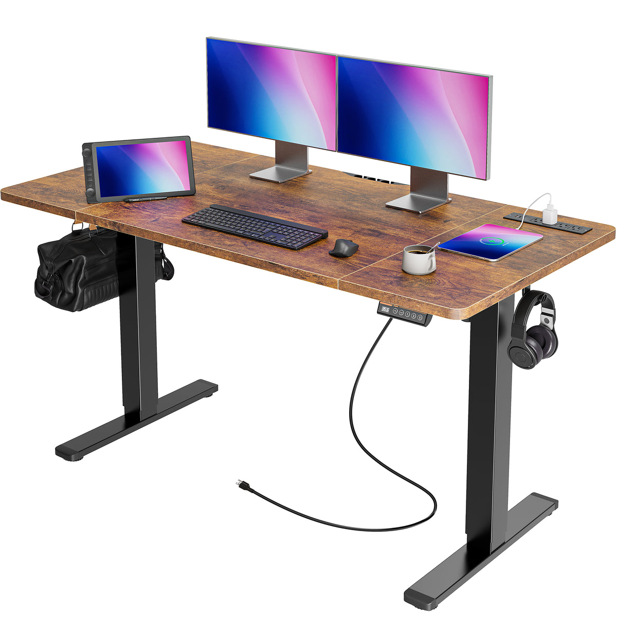 Amadwell 55" Electric Height Adjustable Standing Desk, 27.6" Deep Work Table with Power Outlets, Home Office Desk, Brown