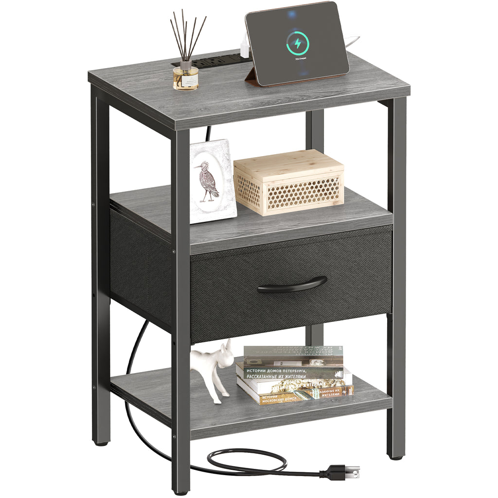 Nightstand with Charging Station, Adjustable Fabric Drawer, 3-Tier Bed Side Table, Night Stand for Bedroom, Storage End Table,Charcoal Gray