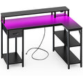 Amadwell 47 Inch L Shaped Desk with LED Strip, Corner Gaming Desk with Power Outlet, Drawer & Shelves, Black