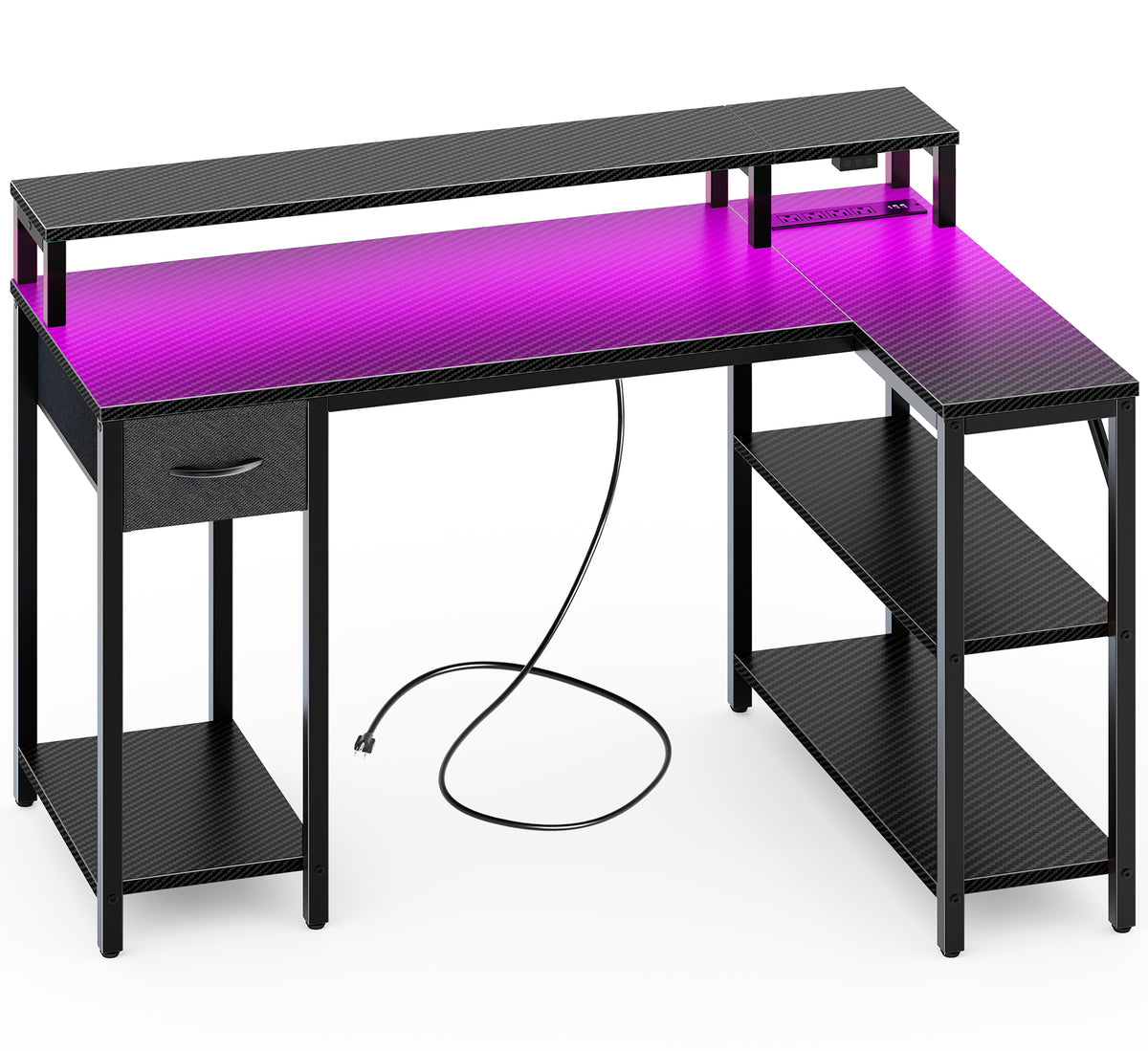 Amadwell 47 Inch L Shaped Desk with LED Strip, Corner Gaming Desk with Power Outlet, Drawer & Shelves, Black