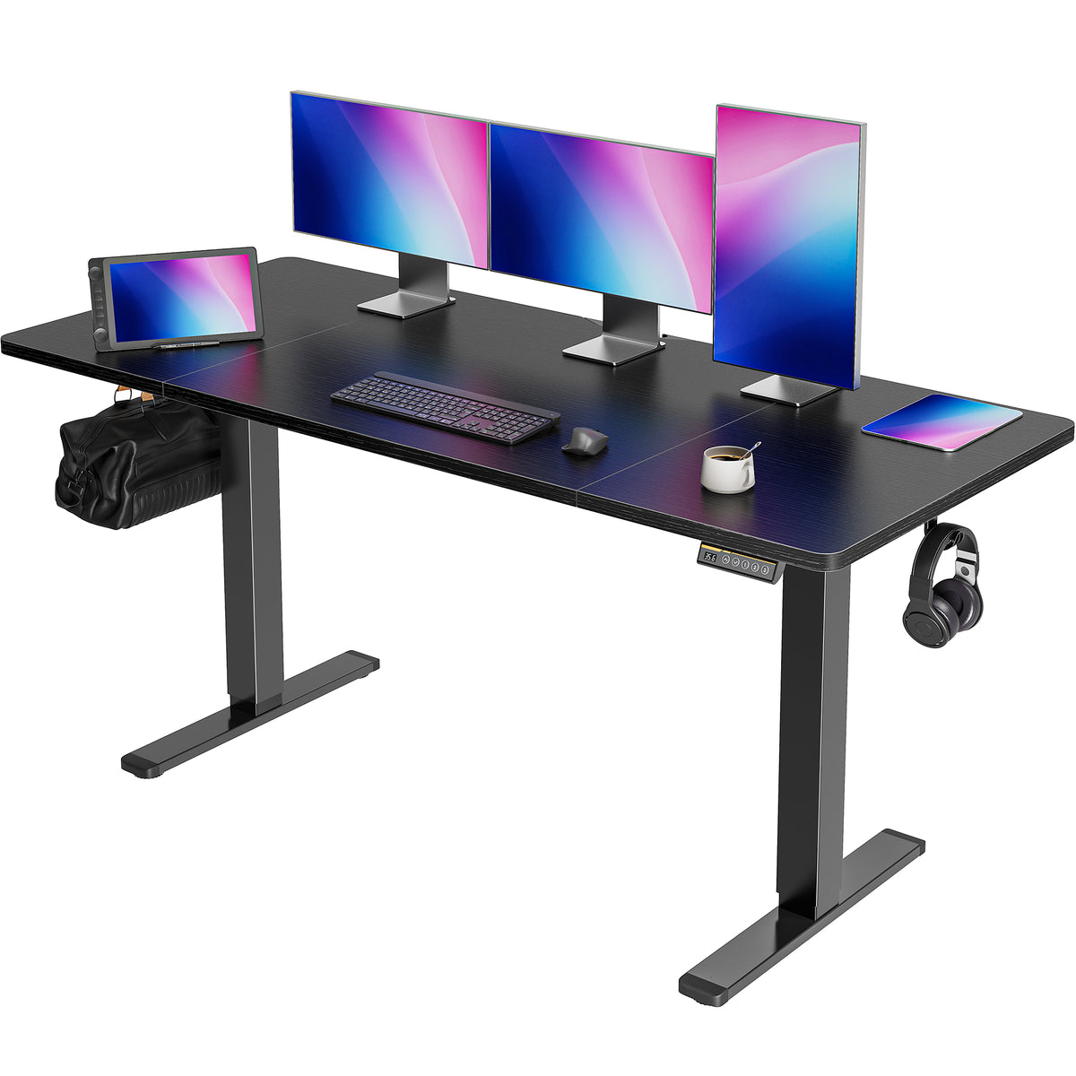 Amadwell 63" Electric Height Adjustable Standing Desk, 27.6" Deep Work Table with Cable Management, Home Office Desk, Black
