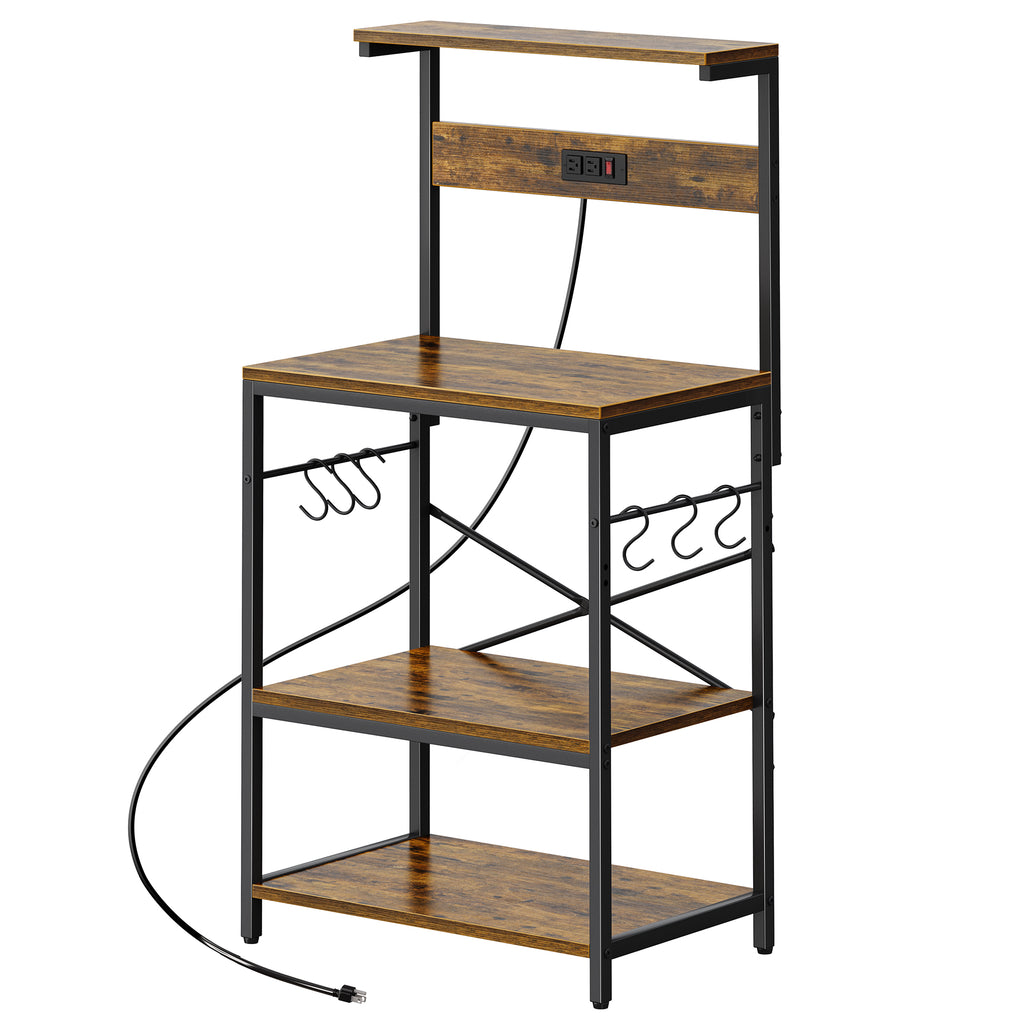 Amadwell 4-Tier Kitchen Storage Shelf Organizer Bakers Rack with Power Outlets, Coffee Bar & Microwave Stand, Brown