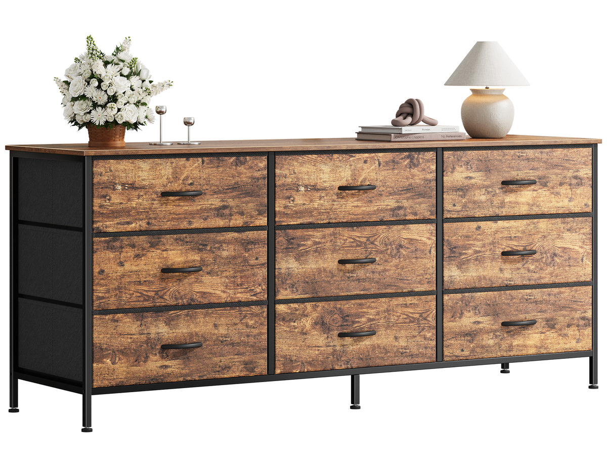9 Drawer Bedroom Dresser with Storage, 55 Inch TV Stand for 55, 60 Inch TV, Fabric Chest for Closet, Brown