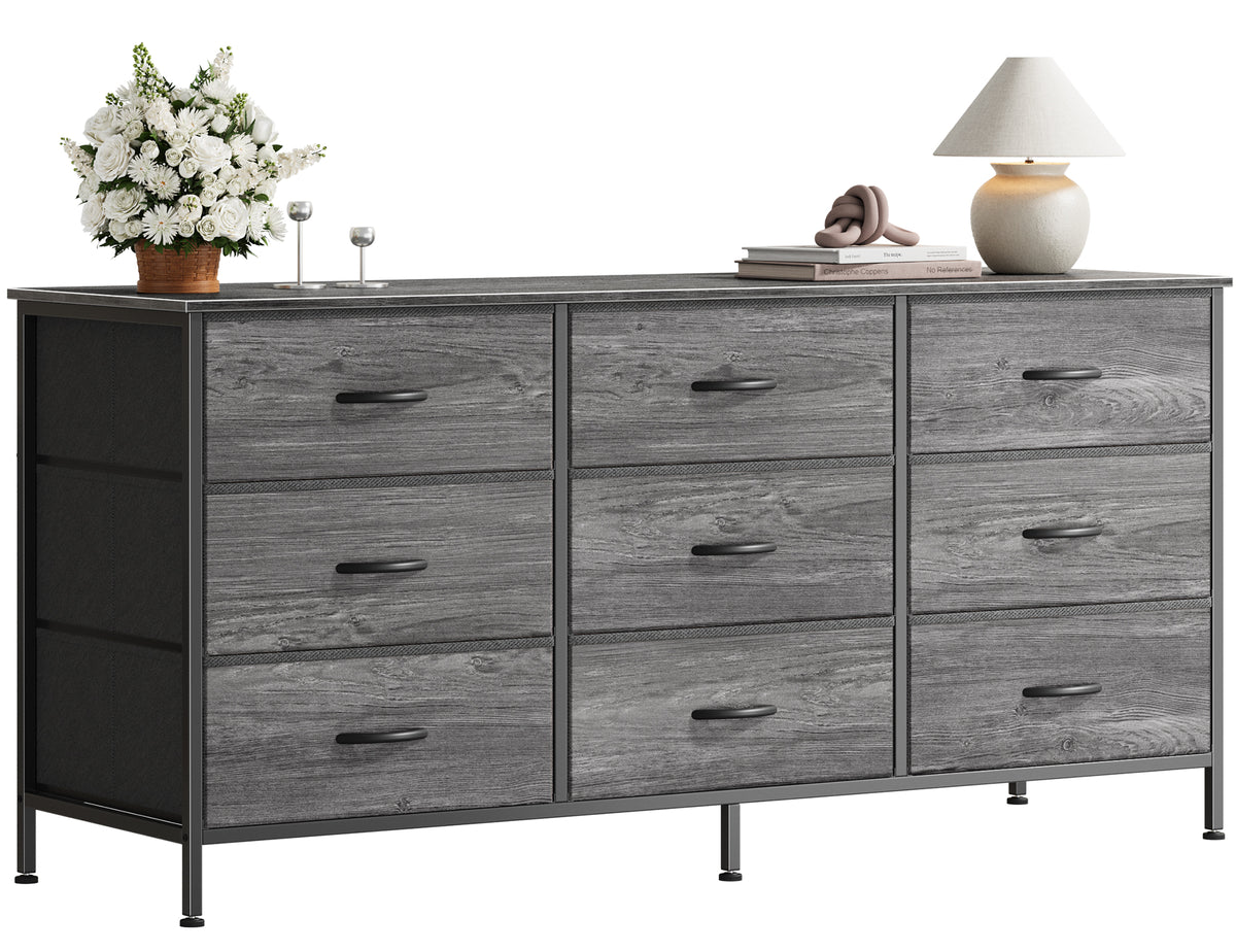 9 Drawer Bedroom Dresser with Storage, 47 Inch TV Stand for 50, 55 Inch TV, Fabric Chest for Closet, Gray