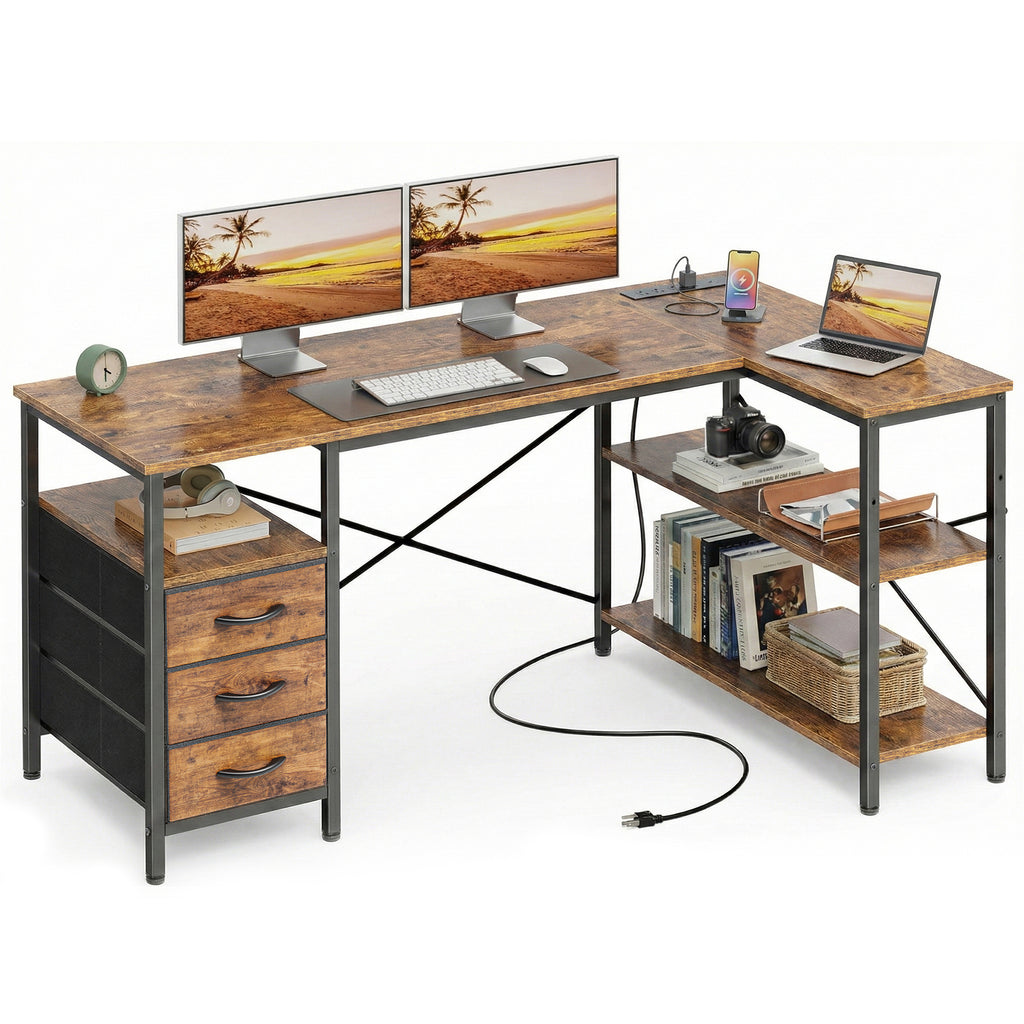 47 Inch L Shaped Office Desk with Power Outlets, Computer Desk with Drawers, Corner Desk for Home Office, Brown