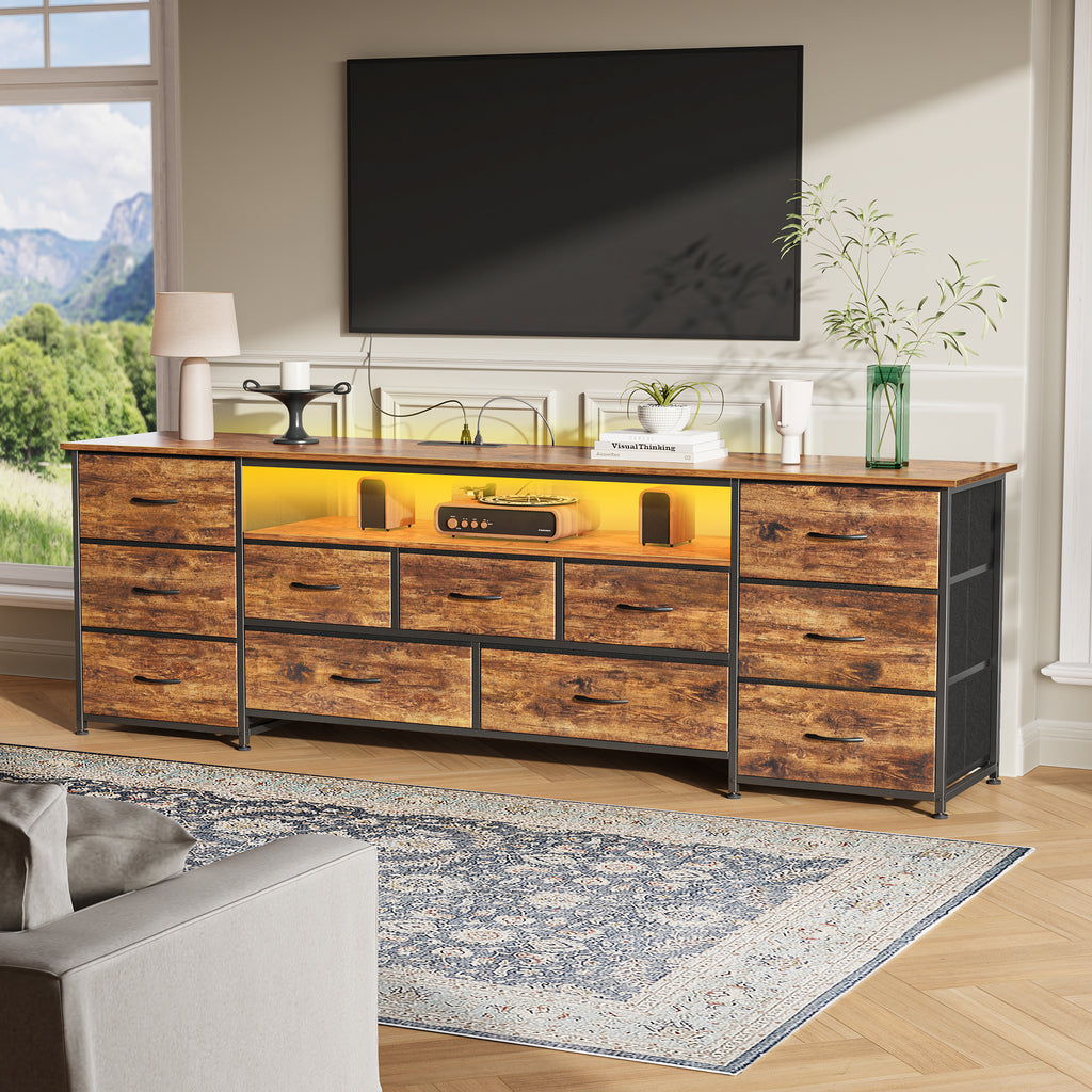Amadwell Large TV Stand for 65, 70 Inch TVs, 11 Drawers with Power Outlets & LED Lights, 63 inch Entertainment Center, Brown
