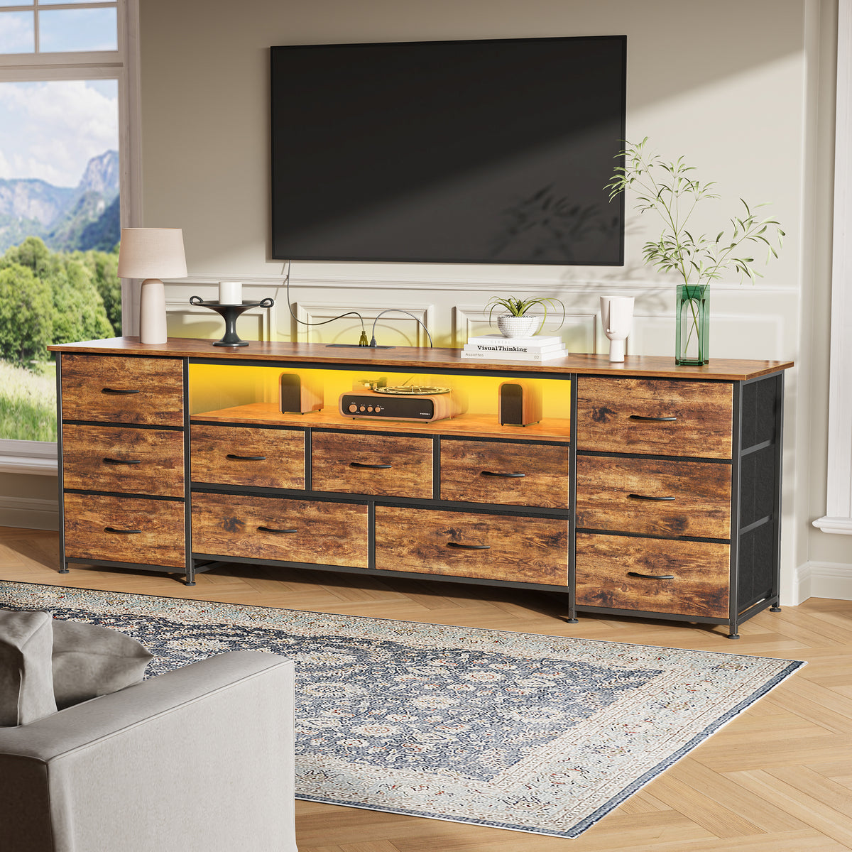 Amadwell Large TV Stand for 65, 70 Inch TVs, 11 Drawers with Power Outlets & LED Lights, 63 inch Entertainment Center, Brown