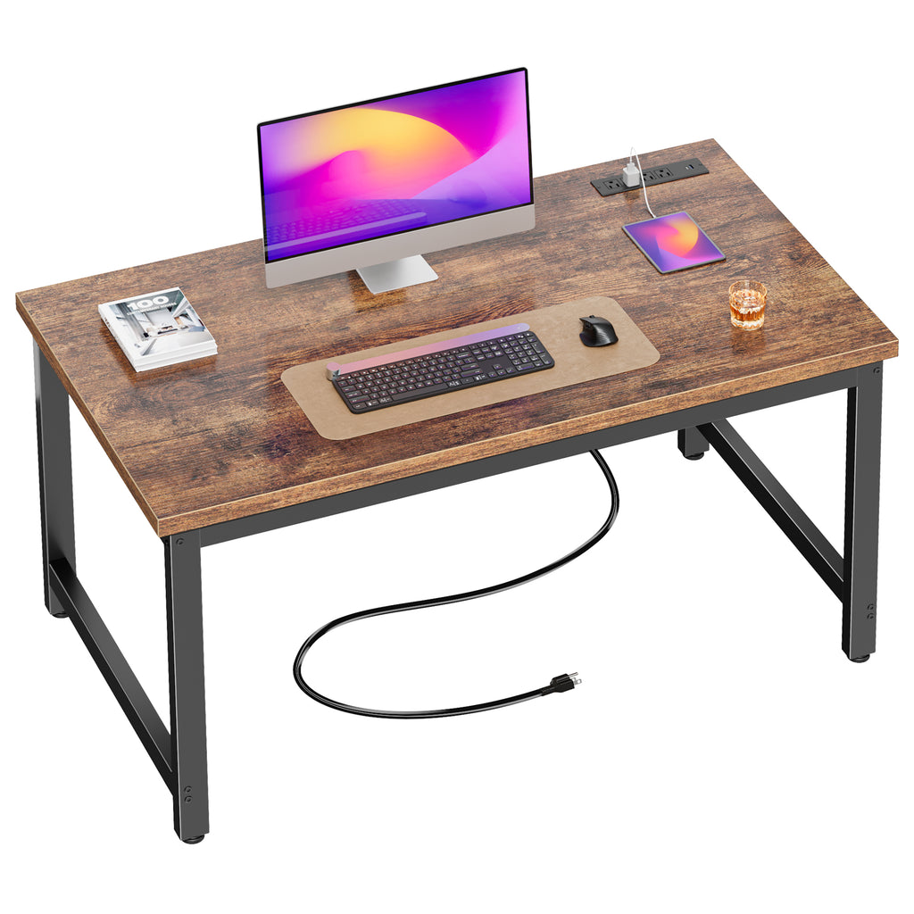 Amadwell 63 Inch Desk with Power Outlets, USB-C, 0.95 Inch Thicker Sturdy Computer Desk, Office Desk with Robust Metal Tubes, Work Gaming Desk for Home Office, Rustic Brown