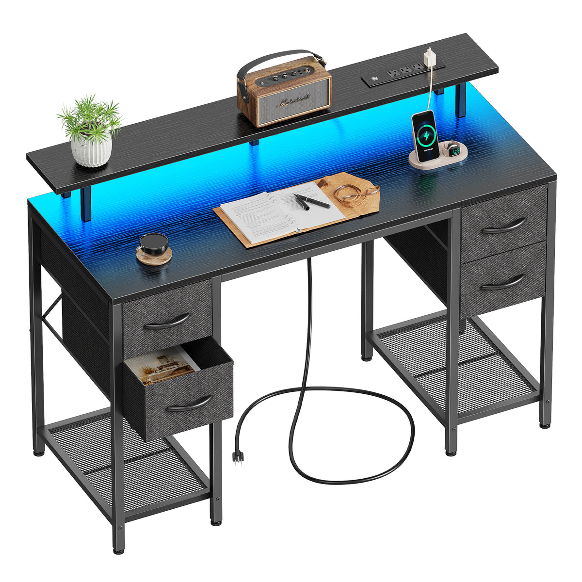 Amadwell 47" Gaming Computer Desk with LED Lights, Power Outlets, Home Office Writing Desk with 4 Drawers, Black