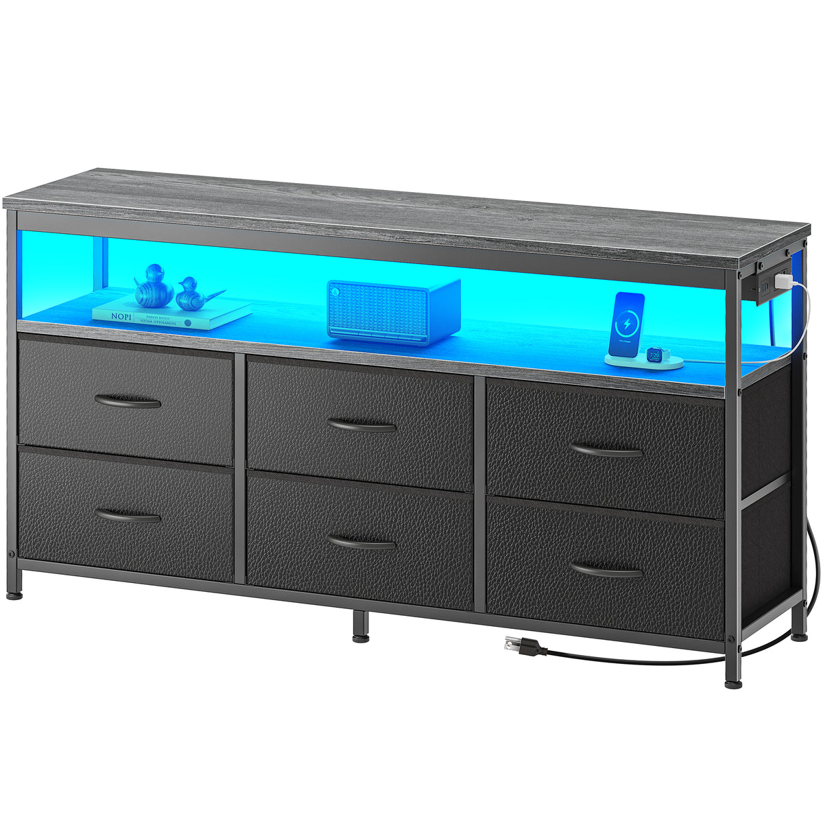 Amadwell 47 Inch LED TV Stand Dresser for 55 Inch TVs, 6 Drawer Entertainment Center with Power Outlets, Media Console with Storage, Gray