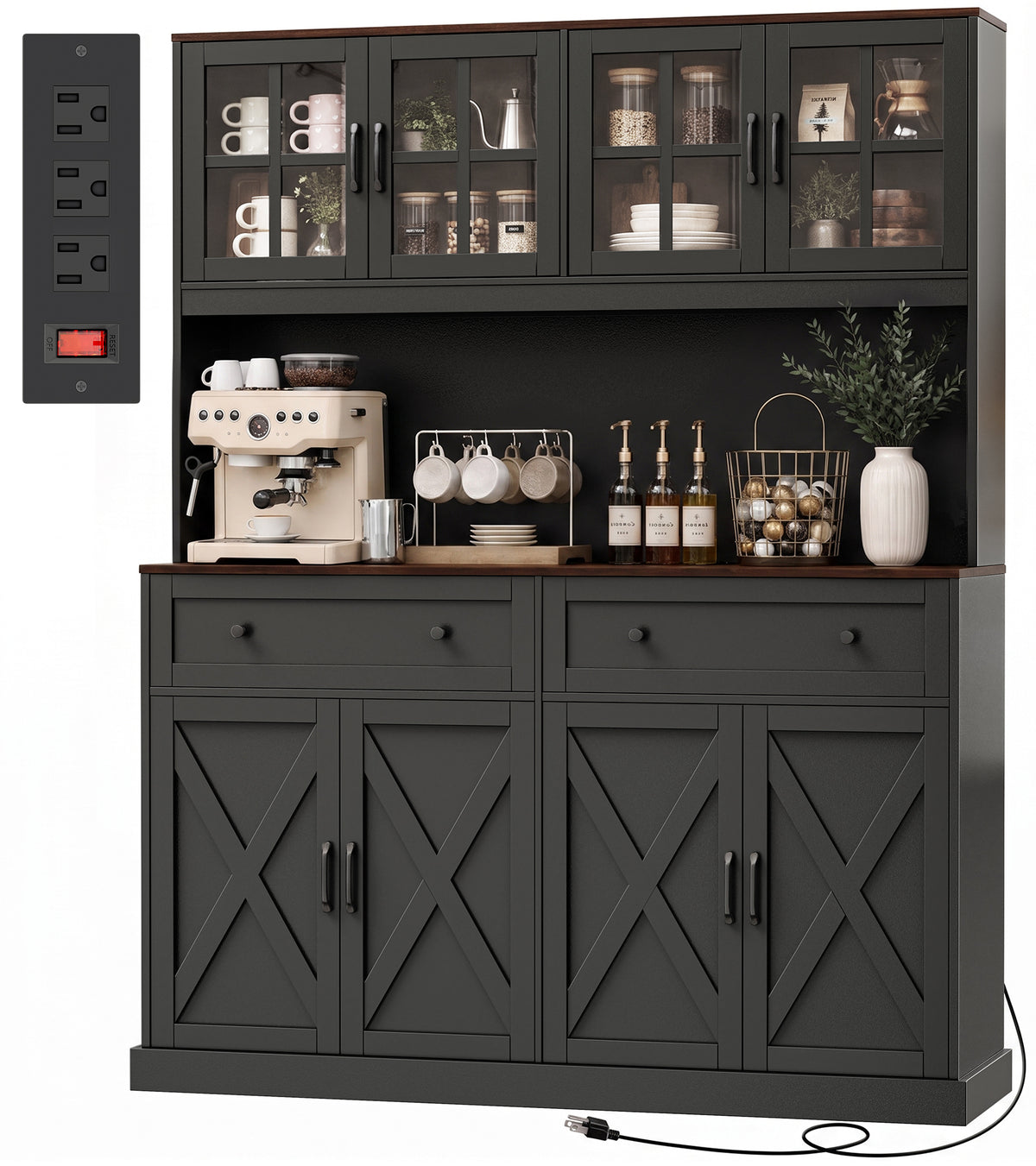 Amadwell 71 Inch Pantry Cabinet with 2 Drawers, 55.1''W Kitchen Pantry with Charging Station, Farmhouse Hutch Cabinet, Coffee Bar with Storage for Dining Room, Black