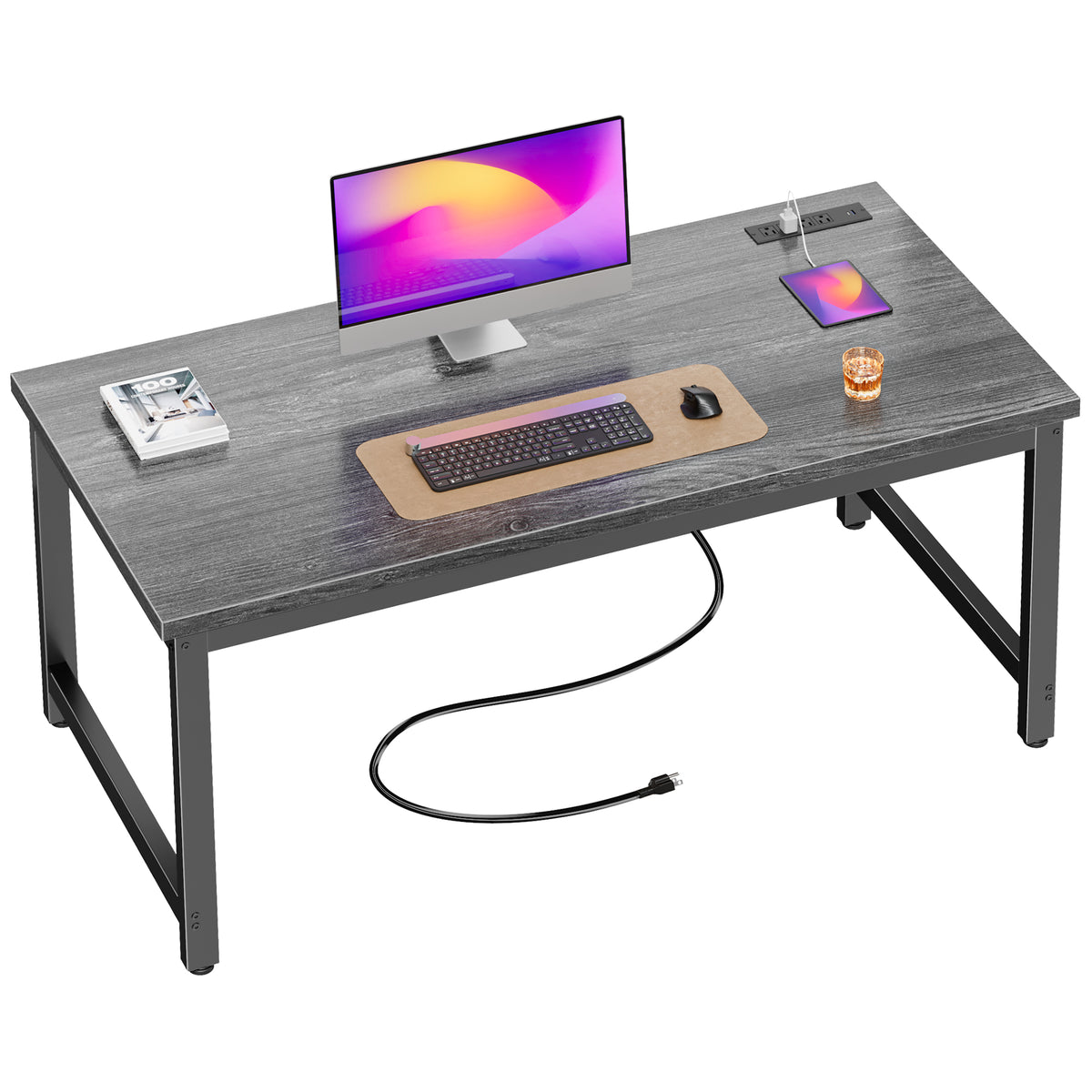 Amadwell 54 Inch Desk with Power Outlets, USB-C, 0.95 Inch Thicker Sturdy Computer Desk, Office Desk with Robust Metal Tubes, Work Gaming Desk for Home Office,Grey