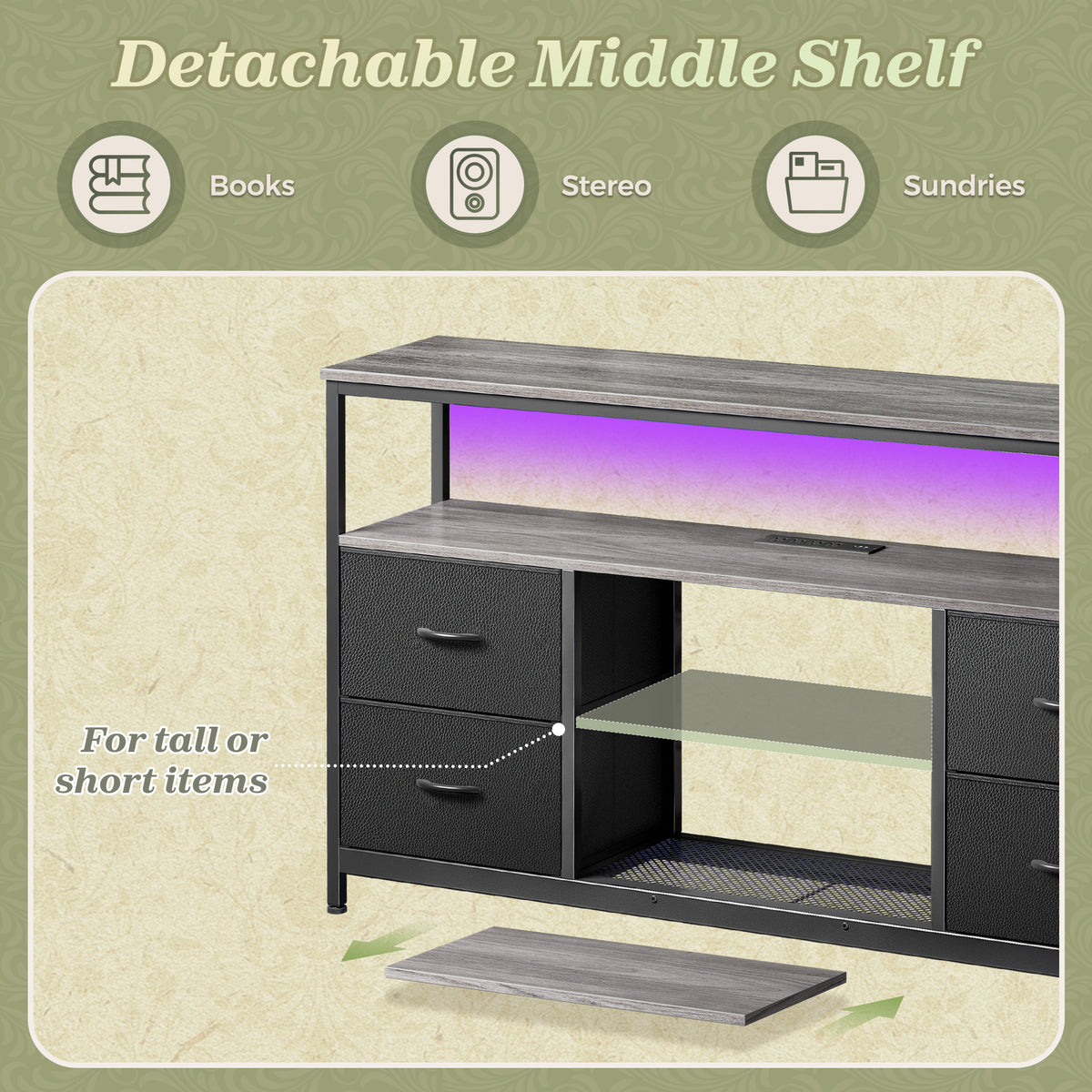 Amadwell TV Stand with Power Outlets & LED Lights, 4 Drawer Dresser Entertainment Center, Media Console with Open Shelf, Gray