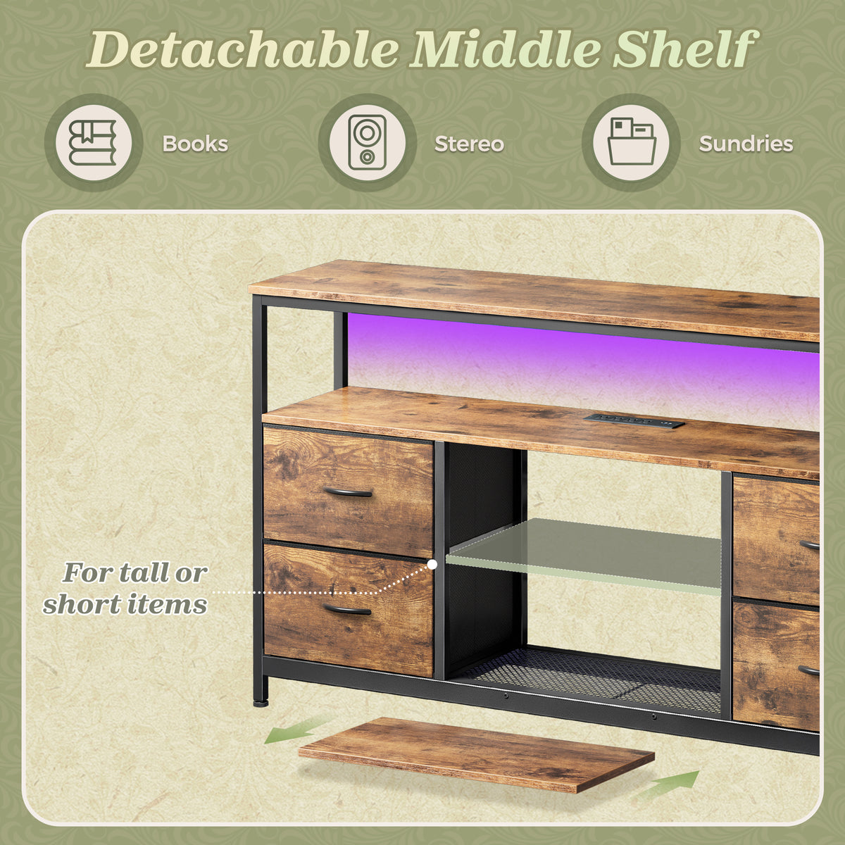 Amadwell TV Stand with Power Outlets & LED Lights, 4 Drawer Dresser Entertainment Center, Media Console with Open Shelf, Brown