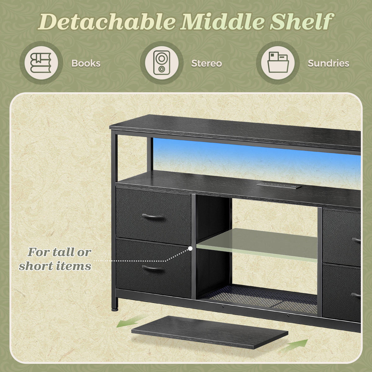 Amadwell TV Stand with Power Outlets & LED Lights, 4 Drawer Dresser Entertainment Center, Media Console with Open Shelf, Black