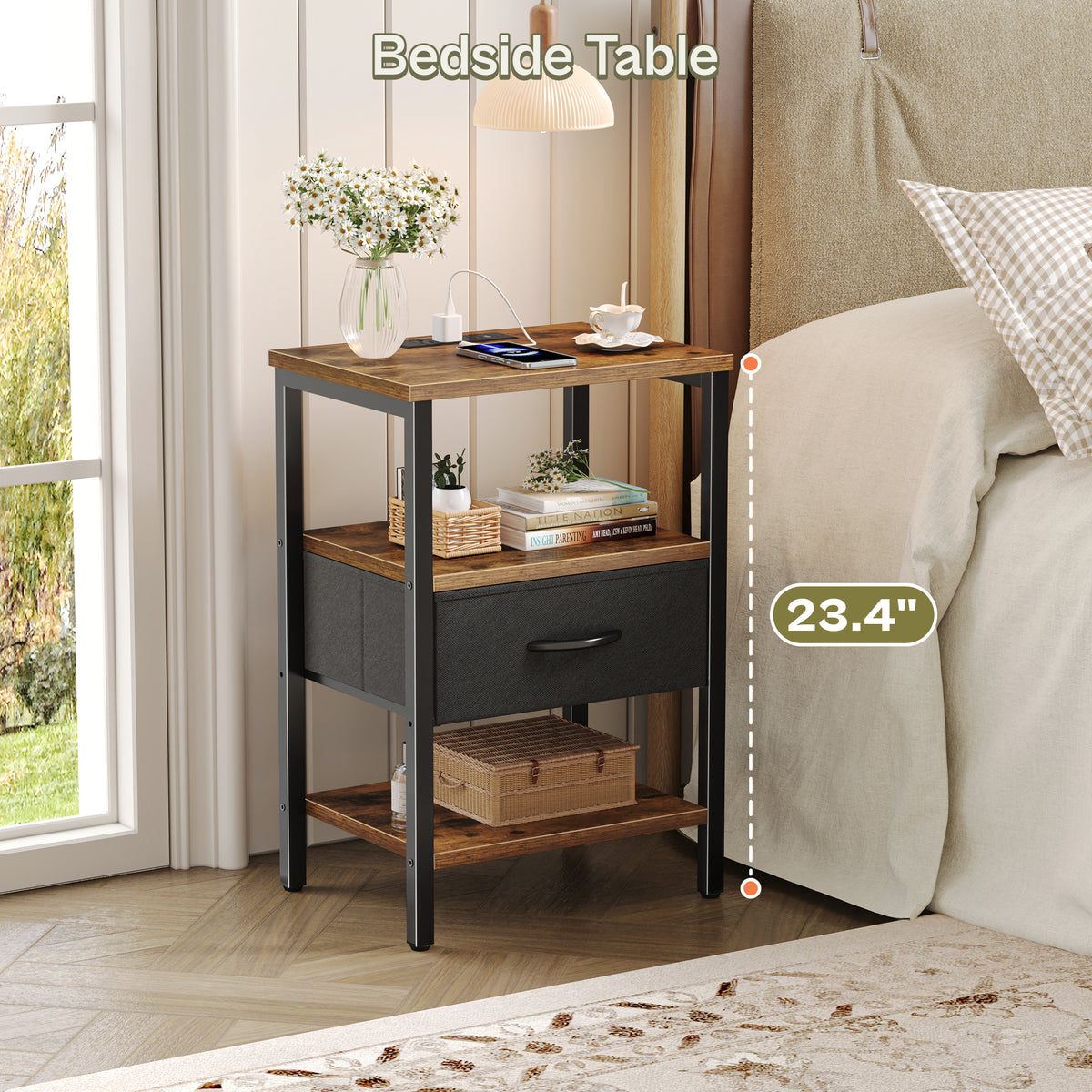 Nightstand with Charging Station, Adjustable Fabric Drawer, 3-Tier Bed Side Table, Night Stand for Bedroom, Storage End Table, Rustic Brown
