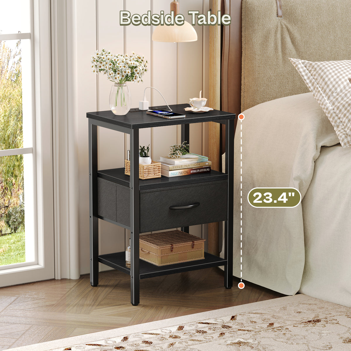 Nightstand with Charging Station, Adjustable Fabric Drawer, 3-Tier Bed Side Table, Night Stand for Bedroom, Storage End Table, Black