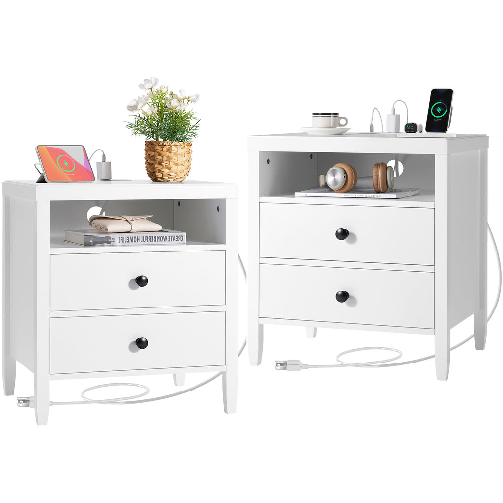 Amadwell Nightstand with Charging Station, Bedside End Table with 2 Drawers & Storage for Bedroom, White