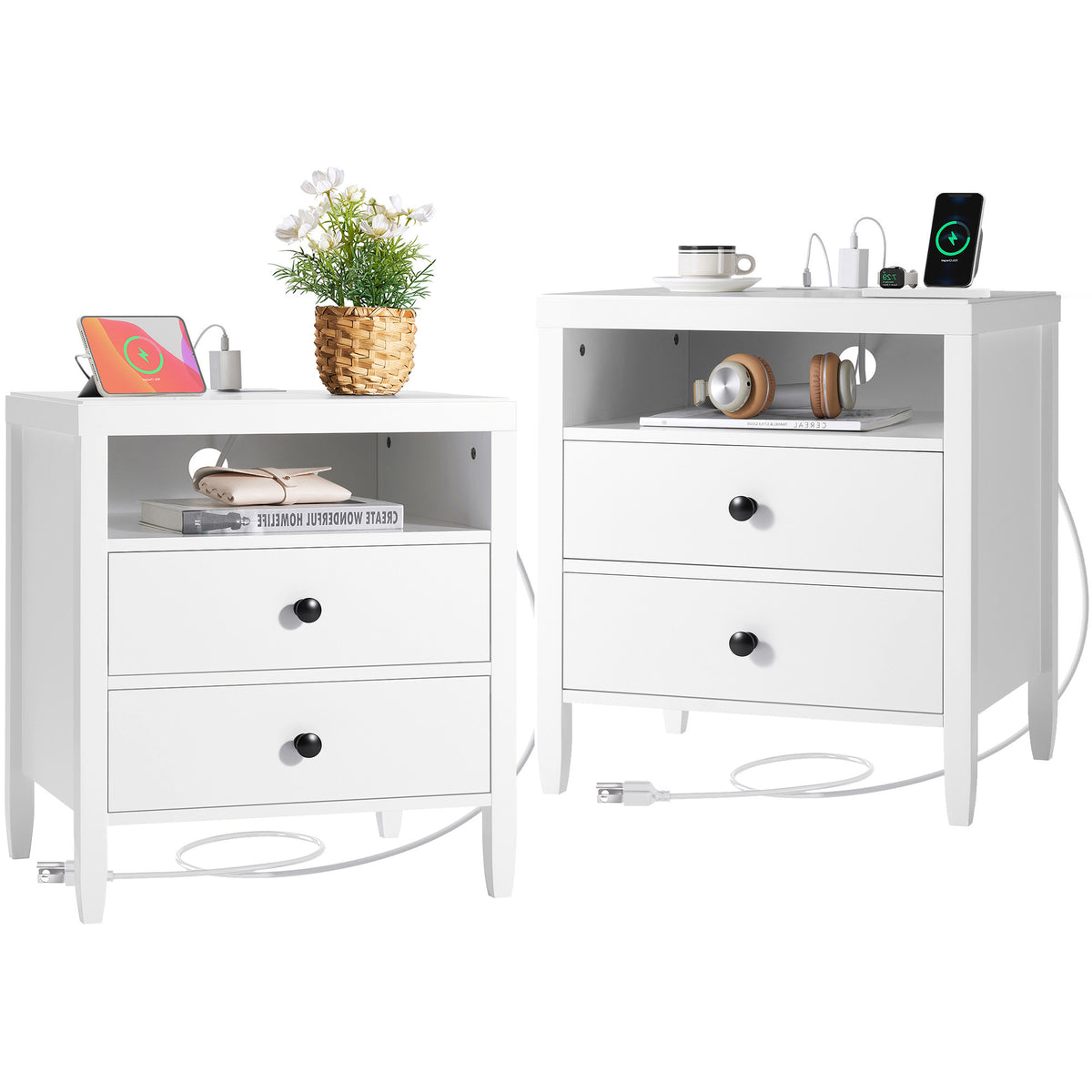 Amadwell Nightstand with Charging Station, Bedside End Table with 2 Drawers & Storage for Bedroom, White