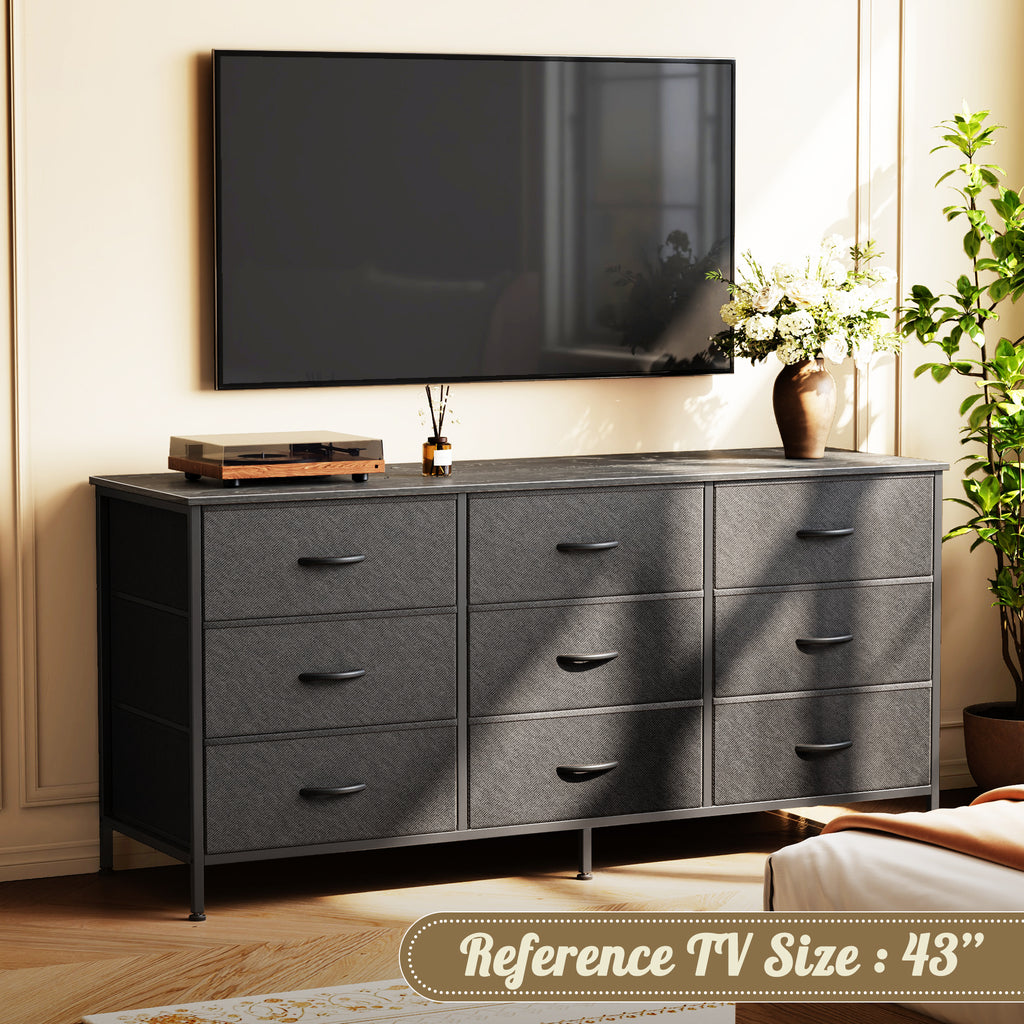 9 Drawer Bedroom Dresser with Storage, 47 Inch TV Stand for 50, 55 Inch TV, Fabric Chest for Closet, Black