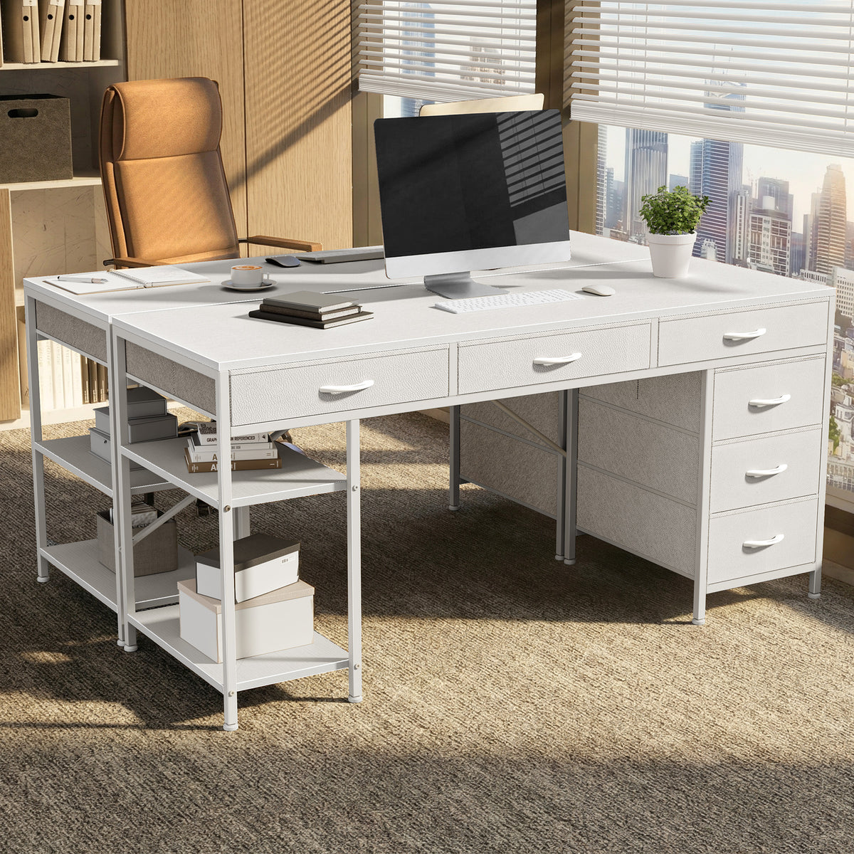 Amadwell 47" Desk with Drawers & Storage, Office Desk with Reversible Shelves, Gaming Computer Desk, White