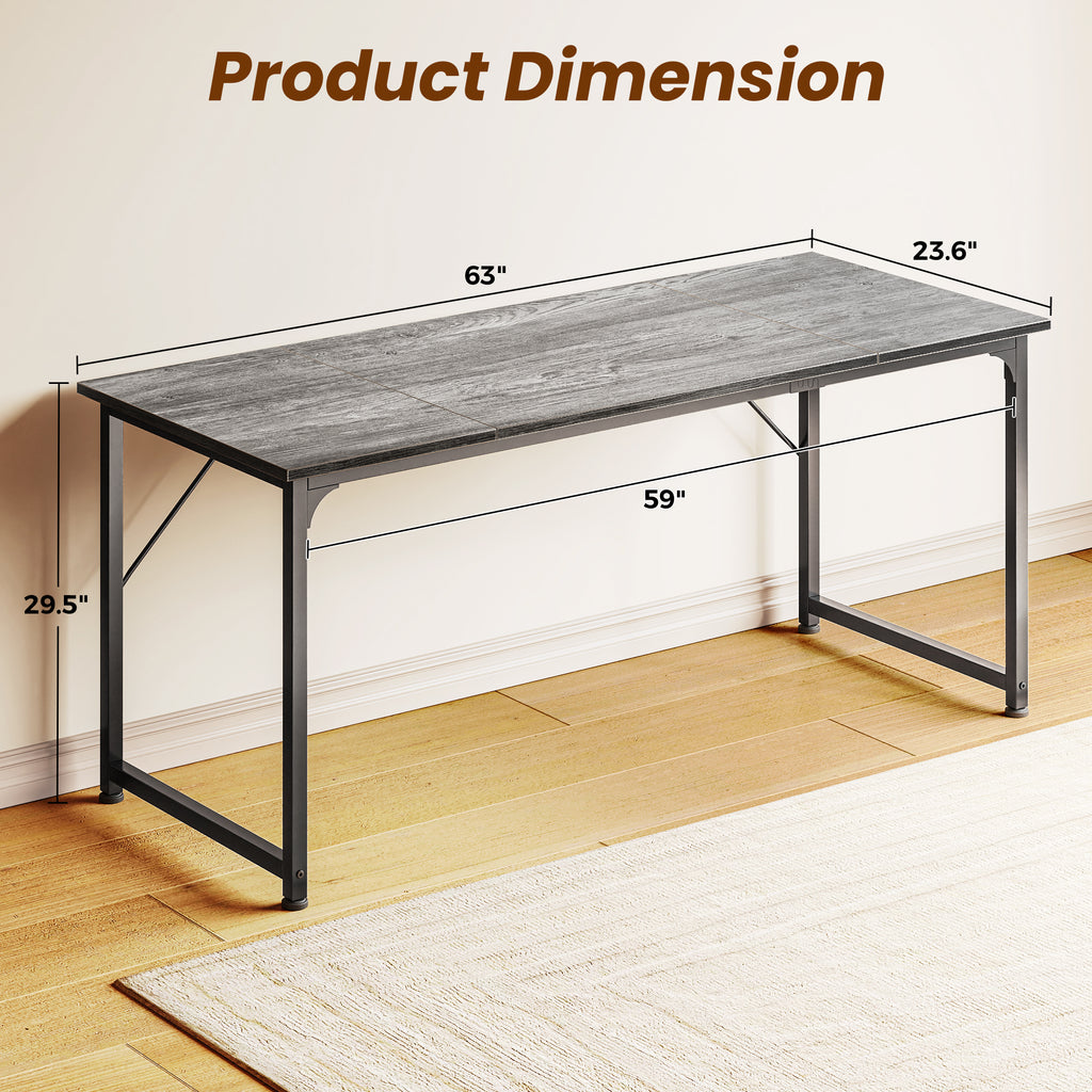63" Computer Desk, Modern Office, Study & Gaming Desk with Storage, Large Legroom, Sturdy Metal Frame, Grey