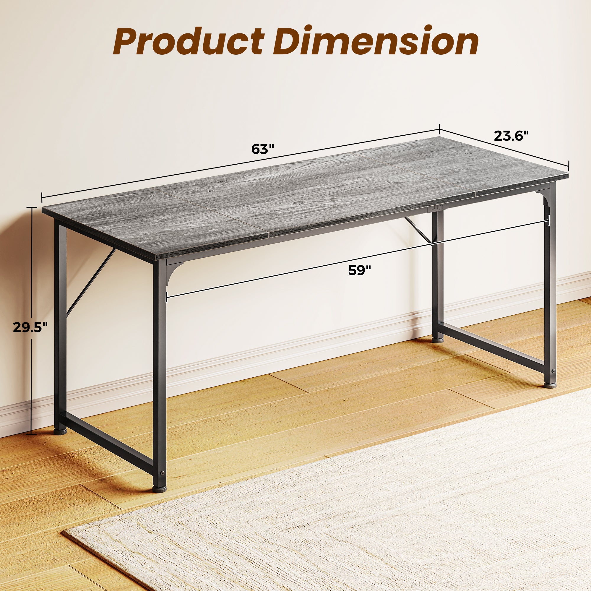 63" Computer Desk, Modern Office, Study & Gaming Desk with Storage, Large Legroom, Sturdy Metal Frame, Grey