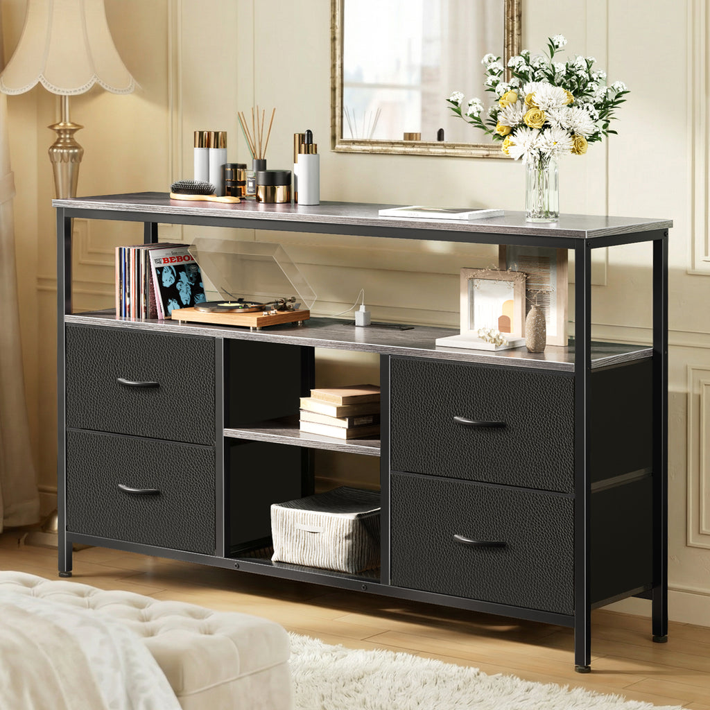 Amadwell TV Stand with Power Outlets & LED Lights, 4 Drawer Dresser Entertainment Center, Media Console with Open Shelf, Gray