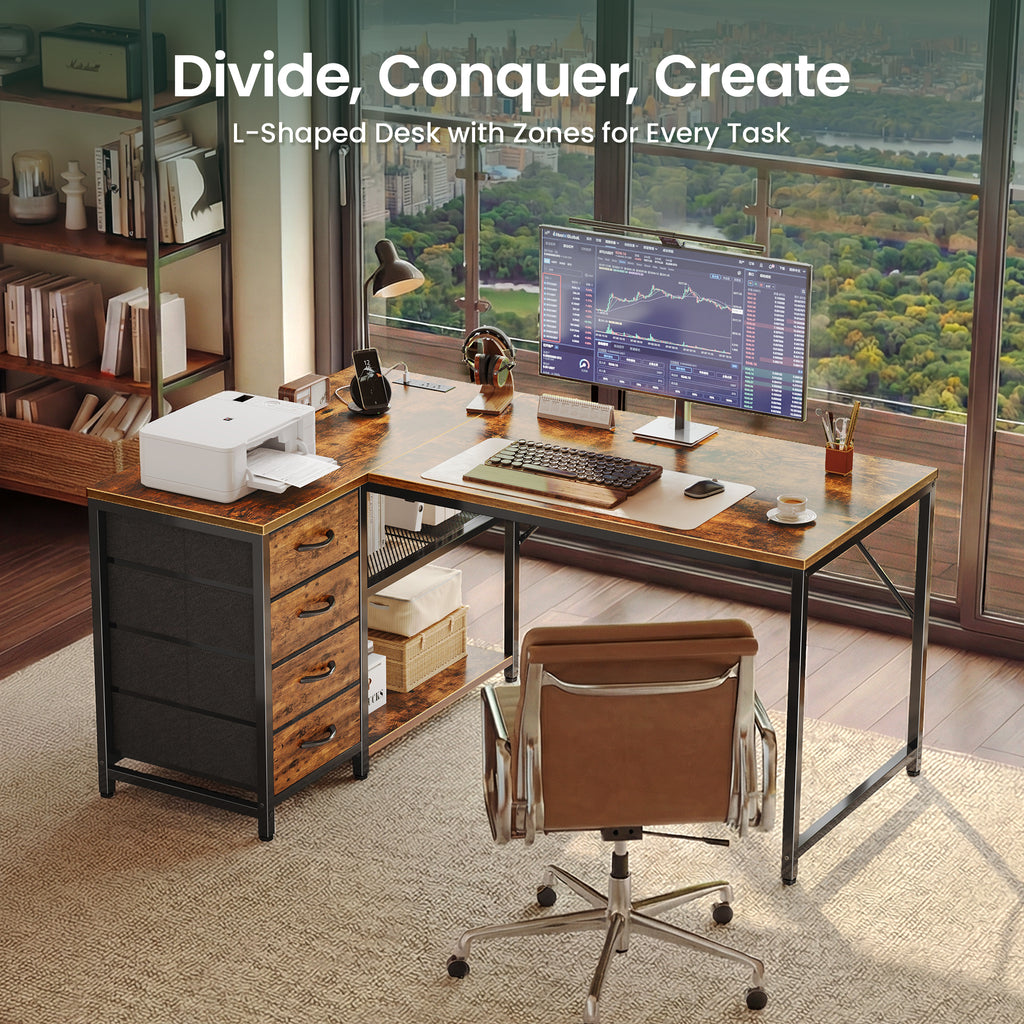 Amadwell 43 Inch L Shaped Desk with Power Outlets & Drawers, Reversible L-Shape Computer Desk, Brown