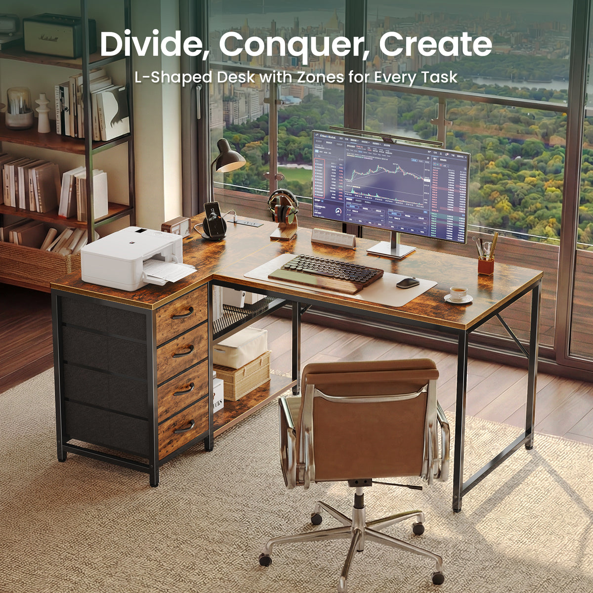 Amadwell 43 Inch L Shaped Desk with Power Outlets & Drawers, Reversible L-Shape Computer Desk, Brown